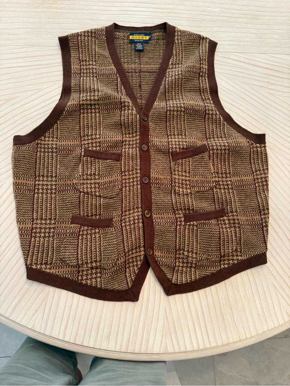 Ralph Lauren Plaid Knit Vest in Brown and Tan Lambswool